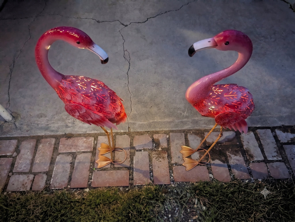 Solar LED Flamingo Garden Statues – Handcrafted Metal Outdoor Décor with Solar Lights (Set of 2) - Local Pickup ONLY