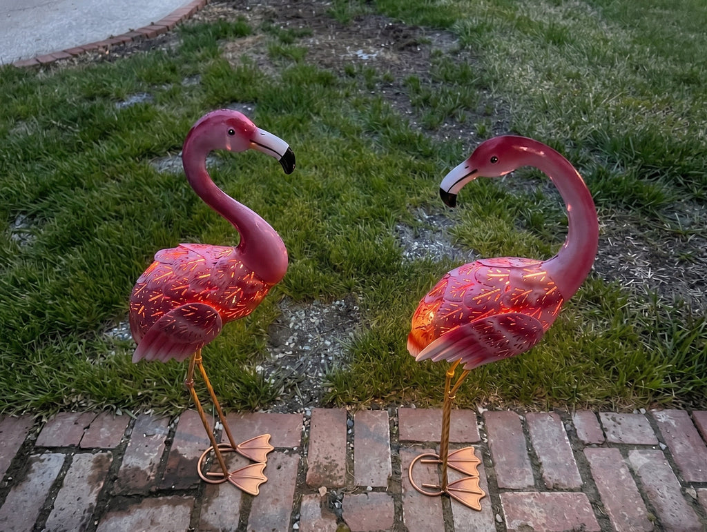Solar LED Flamingo Garden Statues – Handcrafted Metal Outdoor Décor with Solar Lights (Set of 2) - Local Pickup ONLY