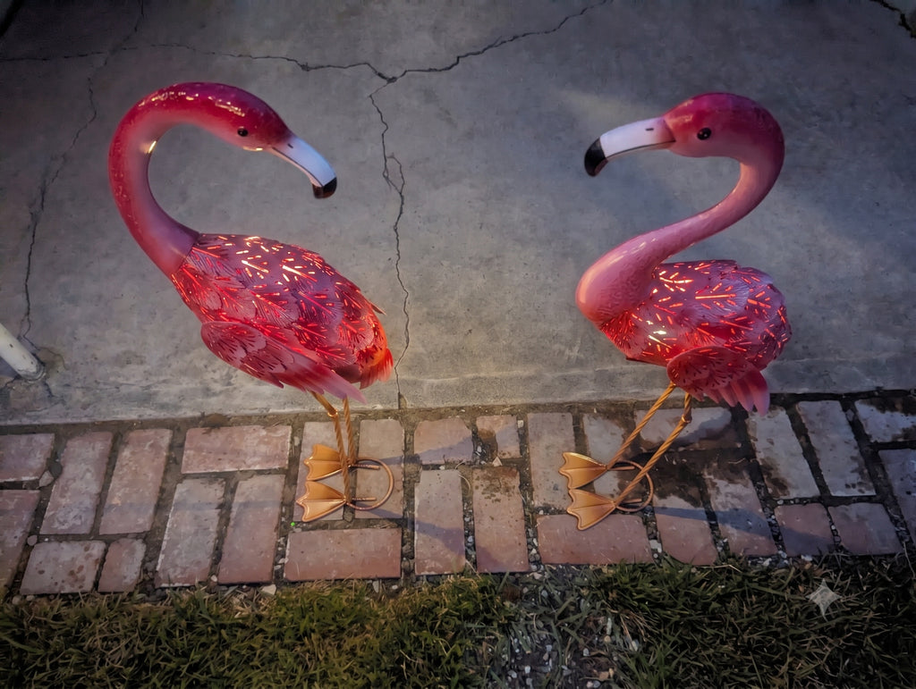 Solar LED Flamingo Garden Statues – Handcrafted Metal Outdoor Décor with Solar Lights (Set of 2) - Local Pickup ONLY