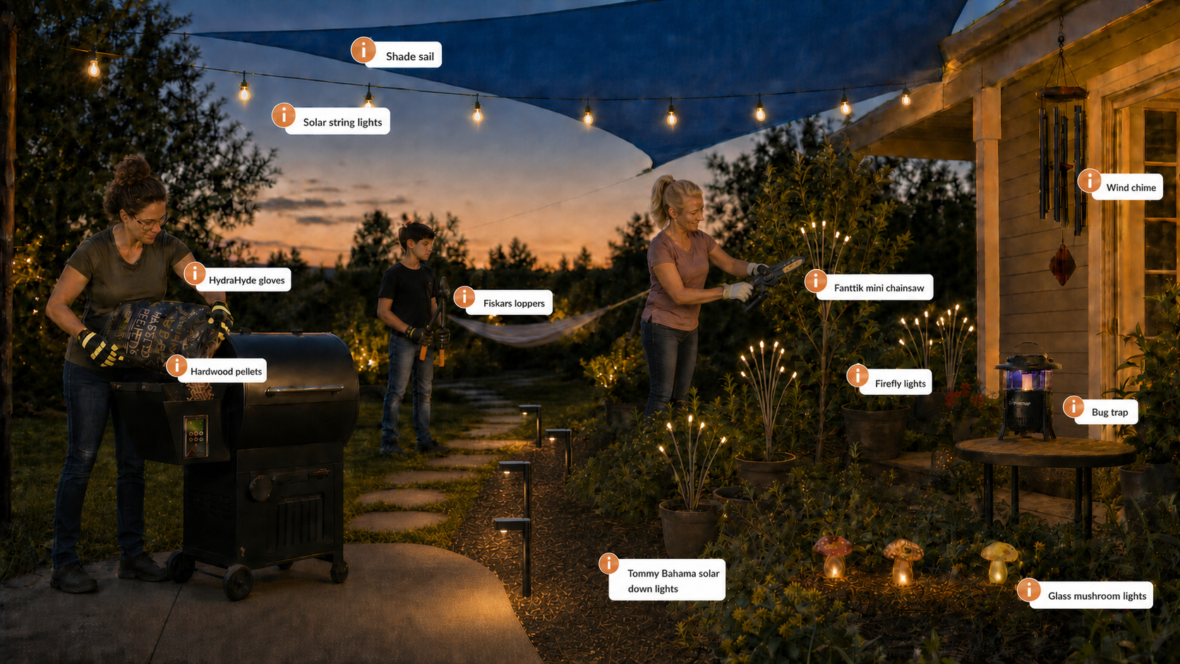 Backyard at dusk featuring Apex OOB outdoor products with clickable product labels