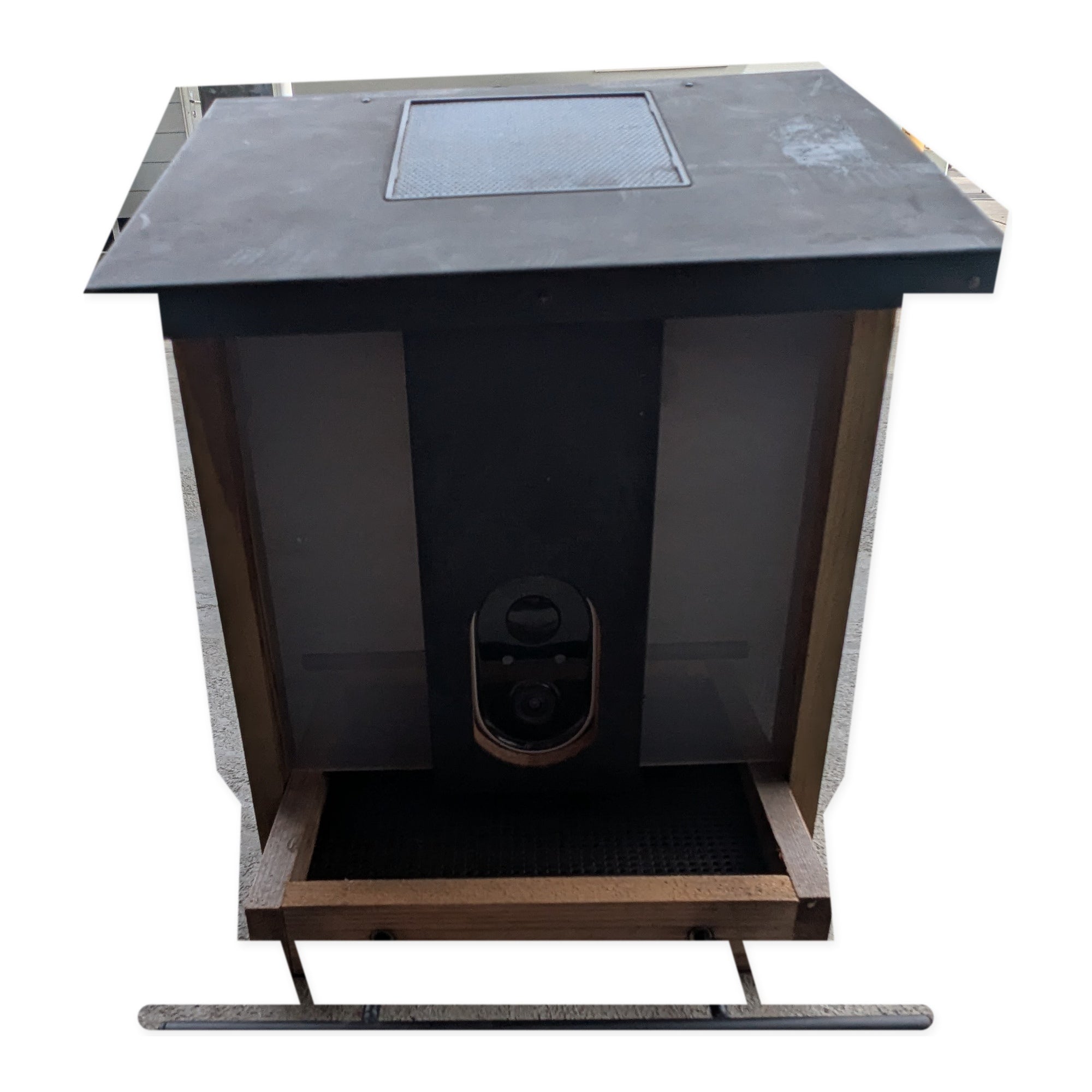 Alternate front view of the actual Evergreen smart bird feeder on studio white