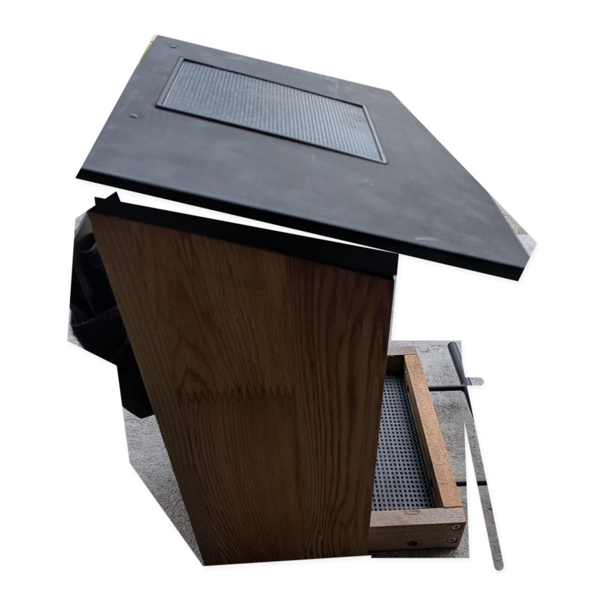 Rear-left view of the actual Evergreen smart bird feeder on studio white