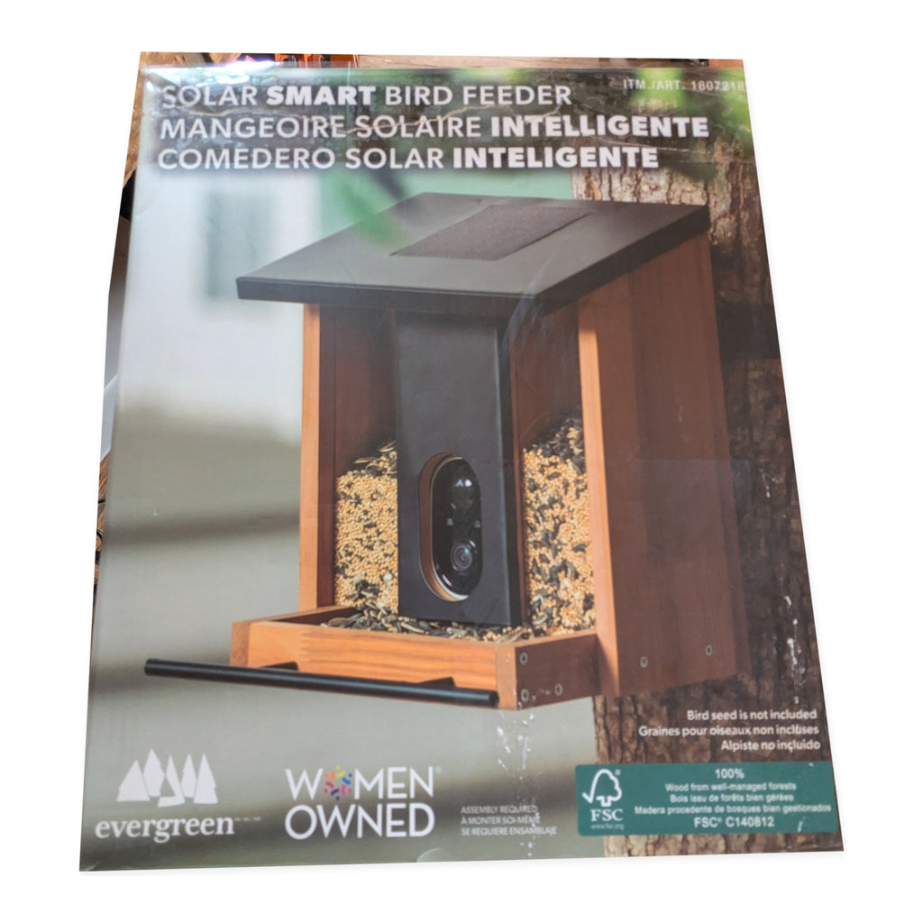 Front retail package view of the Evergreen smart bird feeder with 1080p camera on studio white