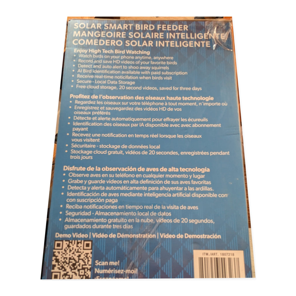 Retail package feature text panel for the Evergreen smart bird feeder on studio white