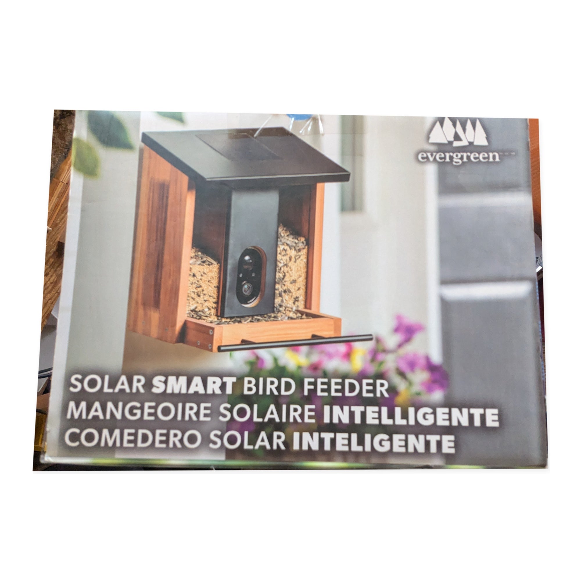Alternate front and side retail package view of the Evergreen smart bird feeder on studio white