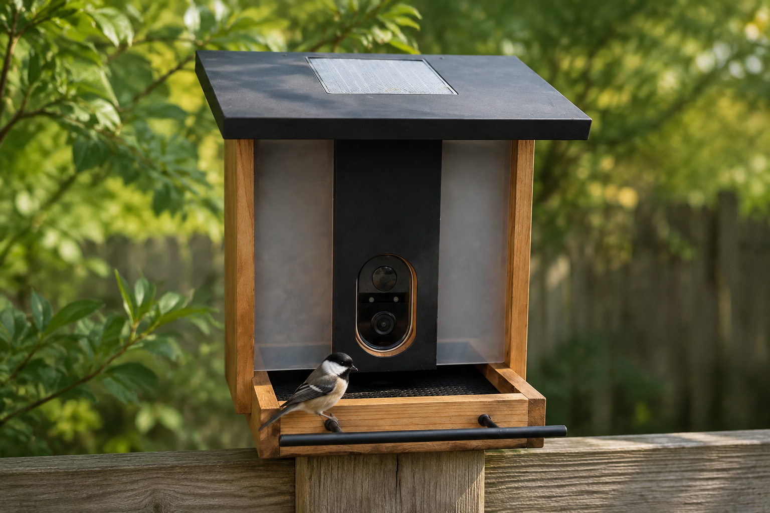 Illustrative lifestyle scene showing an Evergreen smart bird feeder with camera mounted in a backyard