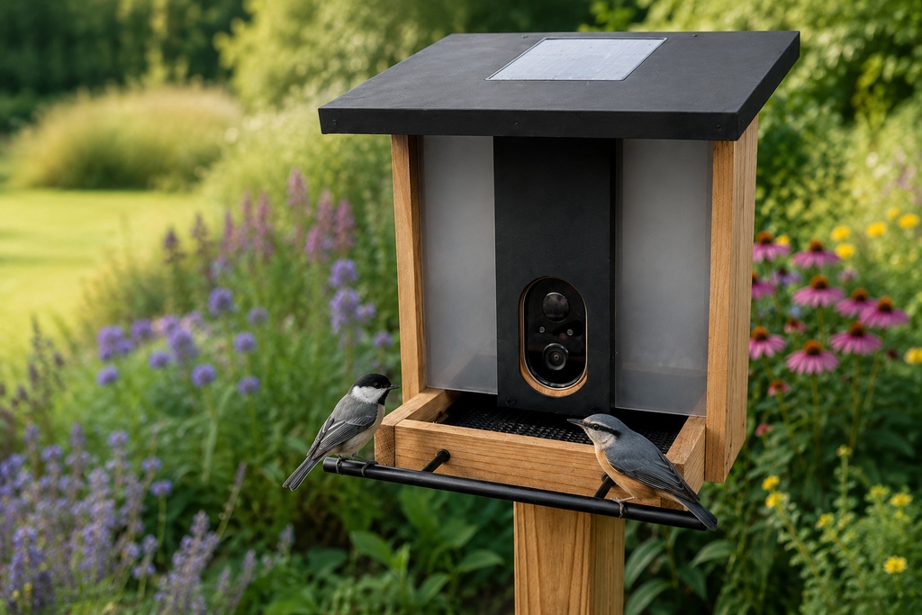Illustrative lifestyle scene showing an Evergreen smart bird feeder with camera in a garden
