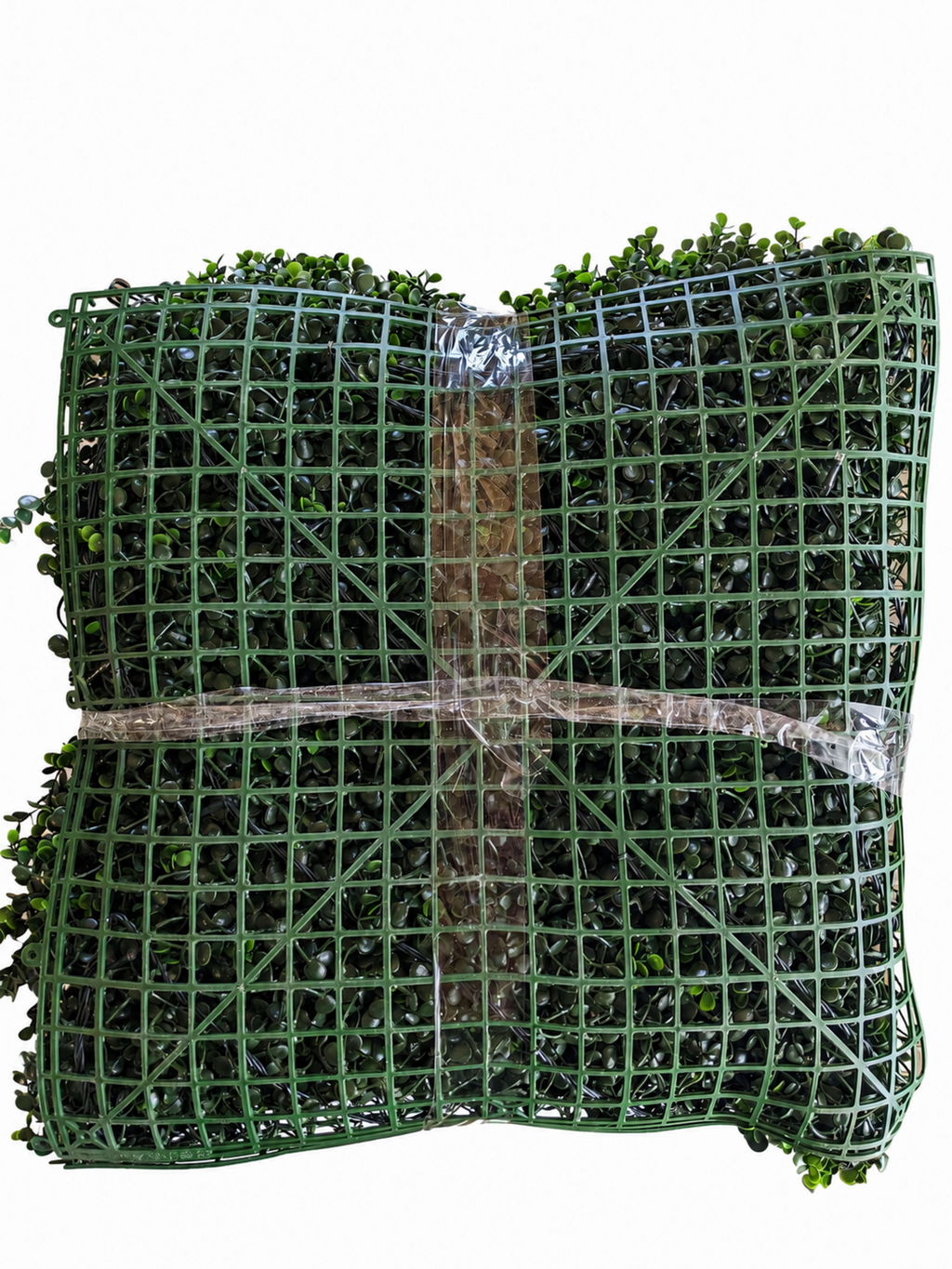 Back grid view of Golden Select boxwood hedge panel with integrated lights on studio white