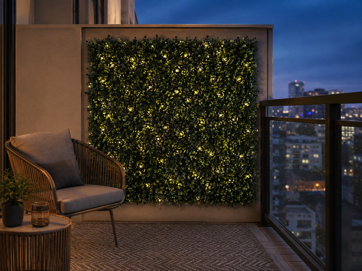 Golden Select boxwood hedge panel with warm LED lights on an evening balcony