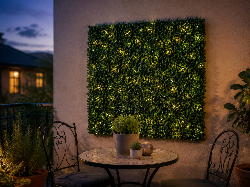 Golden Select boxwood hedge panel with warm LED lights on a patio wall at dusk