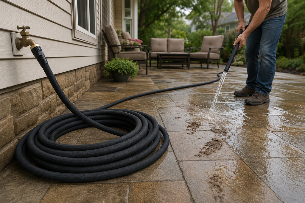 Teknor Apex Rapid Flo garden hose being used to rinse a residential patio