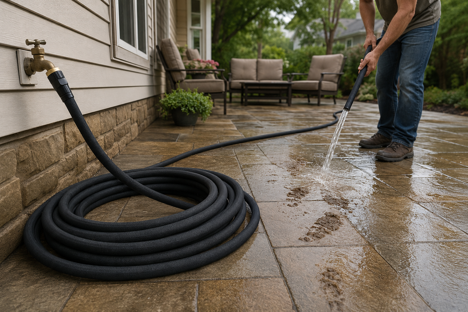 Teknor Apex Rapid Flo garden hose being used to rinse a residential patio