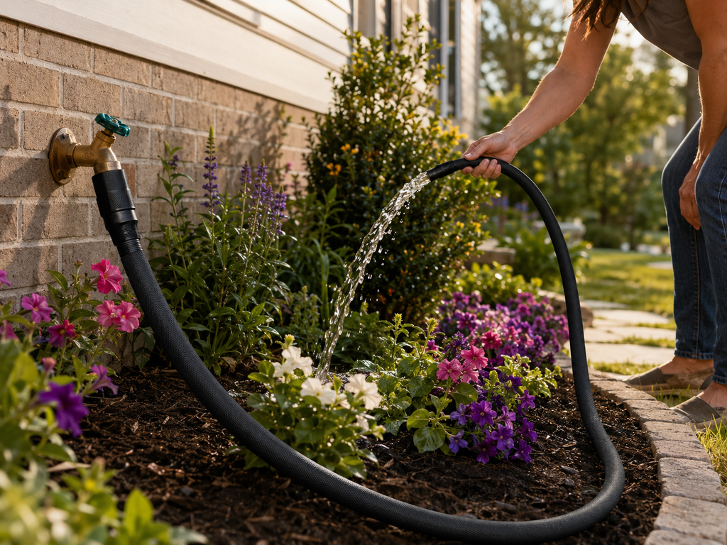 Teknor Apex Rapid Flo garden hose watering a residential flower bed