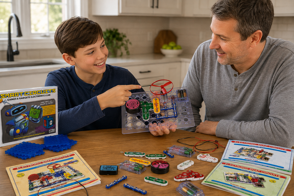 Child demonstrating a completed Snap Circuits project with adult supervision