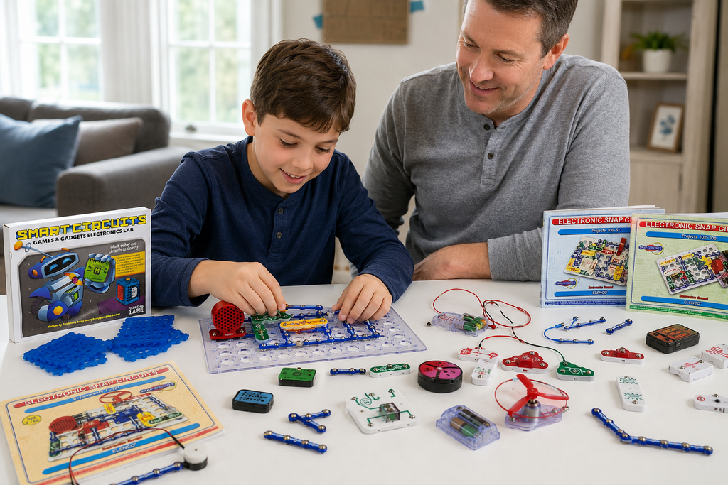 Child building a Snap Circuits project with adult supervision