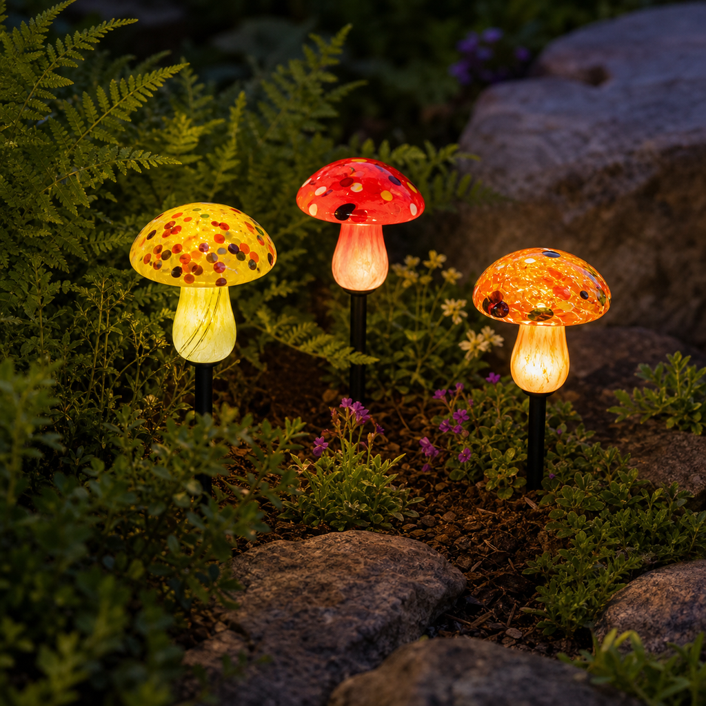 Solar Hand Blown Artisan Glass Mushroom Landscape Lights