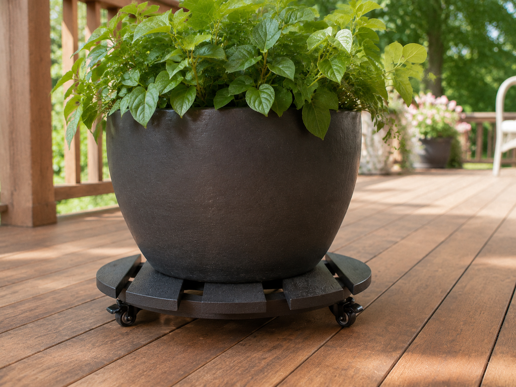 Stylecraft faux-wood plant caddy supporting a planter on a wood deck