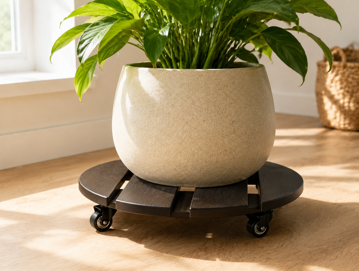 Stylecraft faux-wood plant caddy supporting a planter in a bright indoor plant area