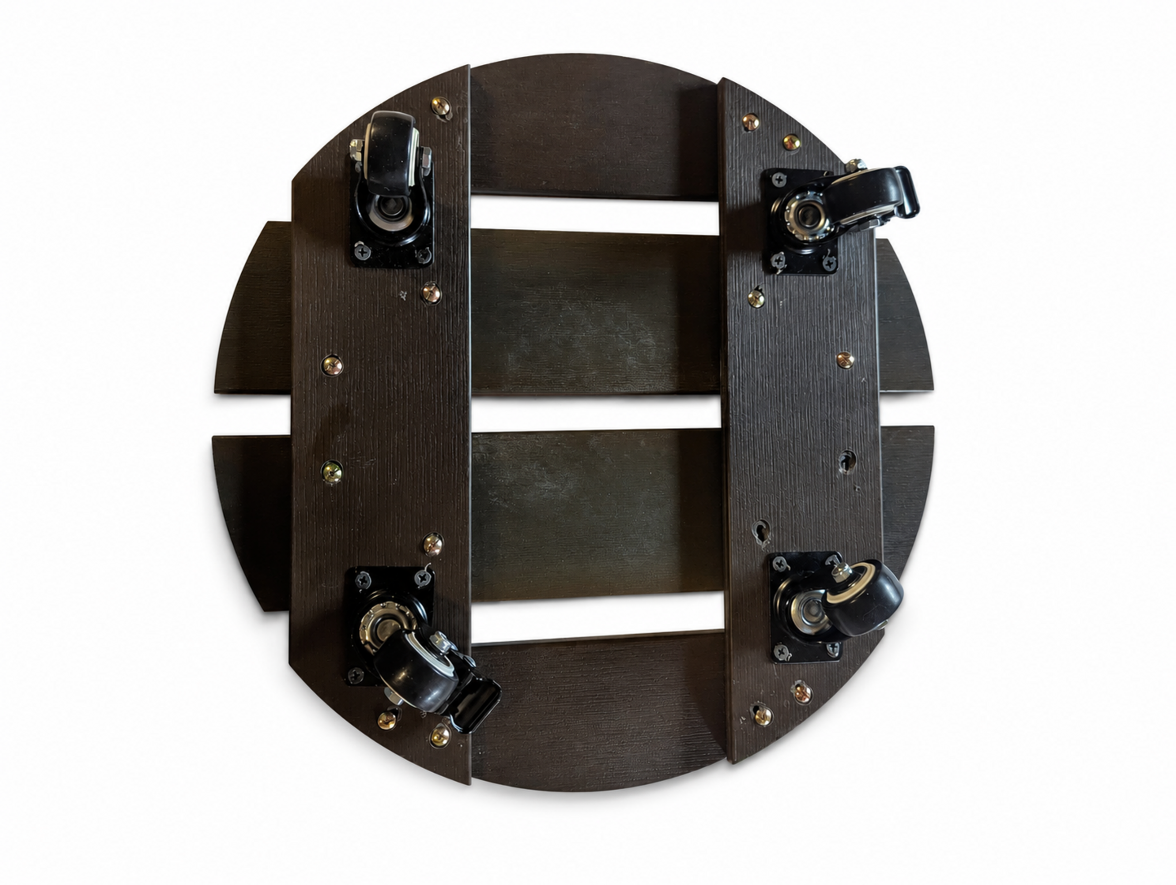 Underside view of Stylecraft faux-wood plant caddy and casters on studio white