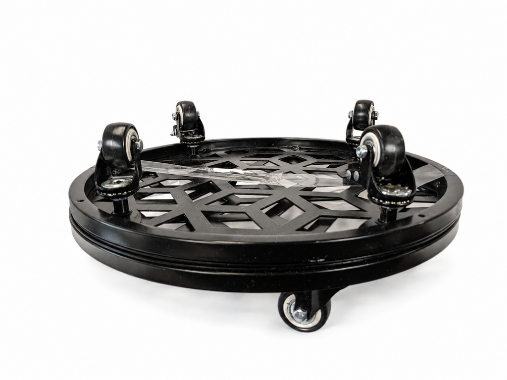 Angled view of black Stylecraft steel plant caddy with casters on studio white