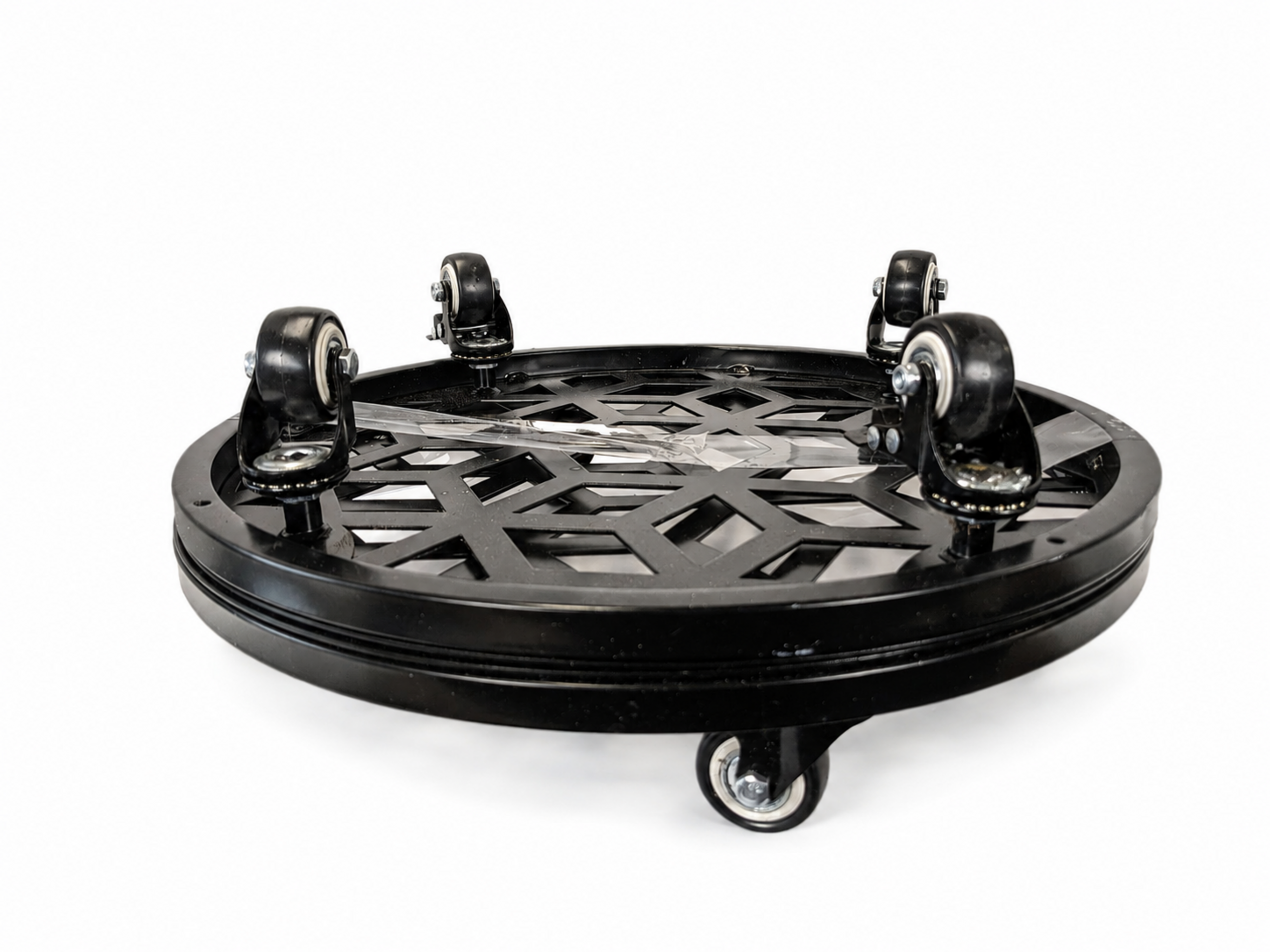 Angled view of black Stylecraft steel plant caddy with casters on studio white