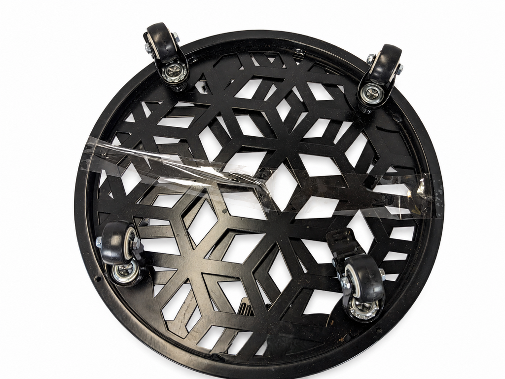 Underside view of black Stylecraft steel plant caddy with caster wheels on studio white