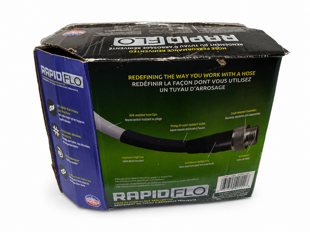 Back package view of Teknor Apex Rapid Flo 5/8-inch x 100-foot garden hose on studio white