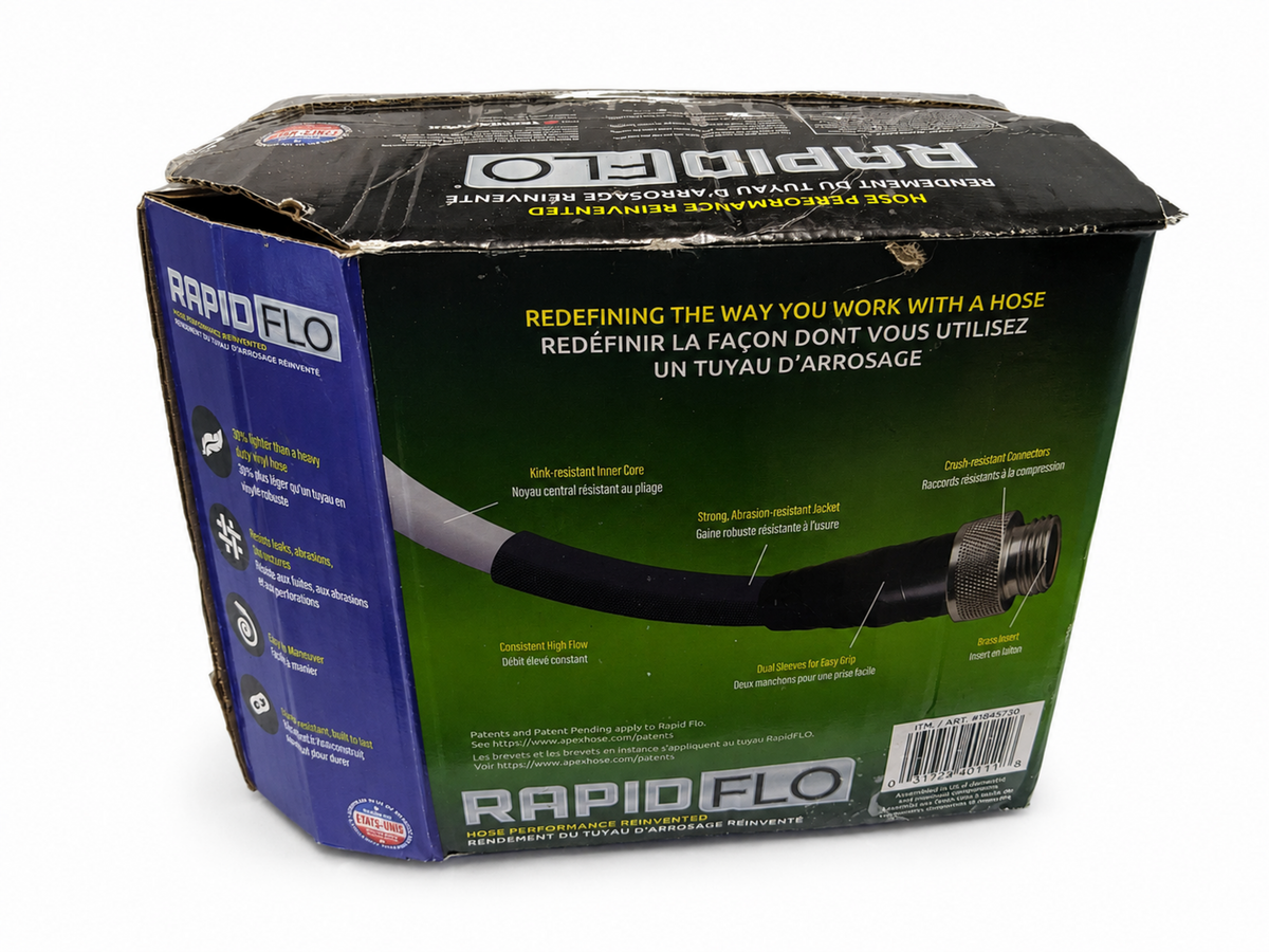 Back package view of Teknor Apex Rapid Flo 5/8-inch x 100-foot garden hose on studio white