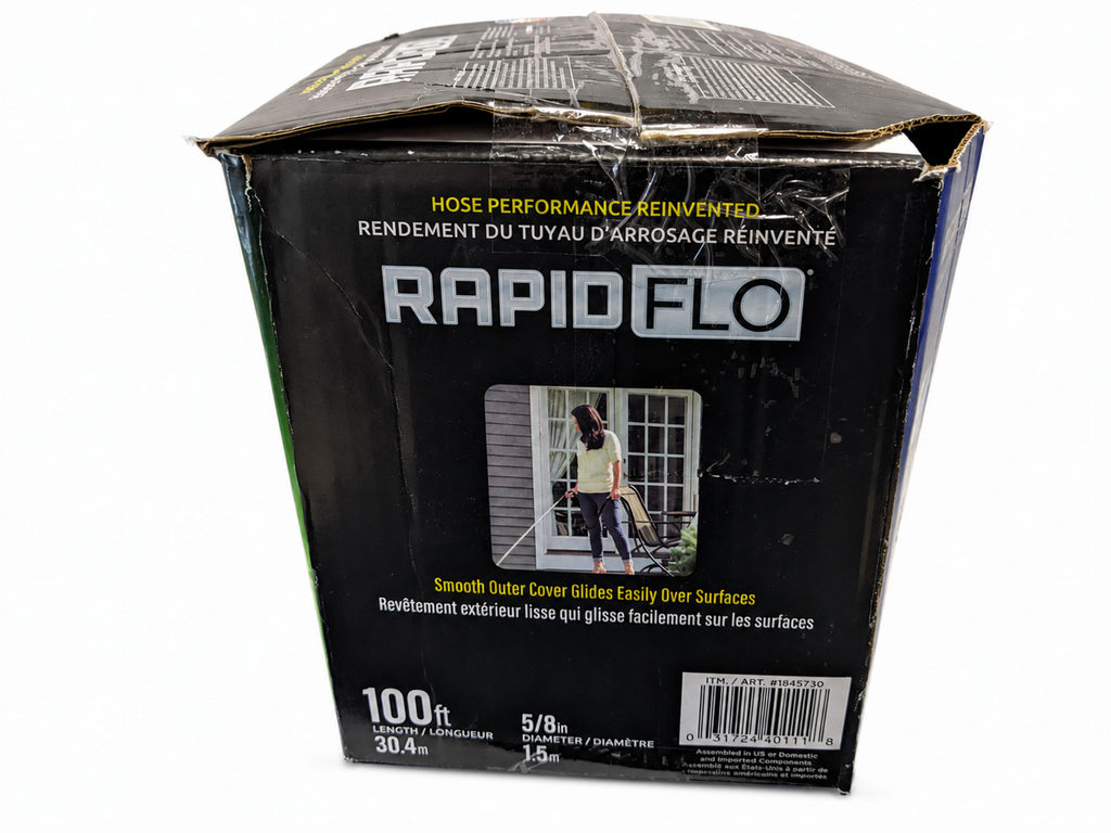 Side package view of Teknor Apex Rapid Flo 5/8-inch x 100-foot garden hose on studio white