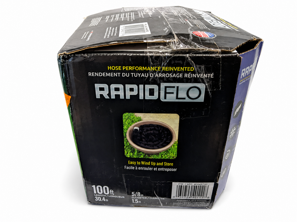 Opposite side package view of Teknor Apex Rapid Flo 5/8-inch x 100-foot garden hose on studio white