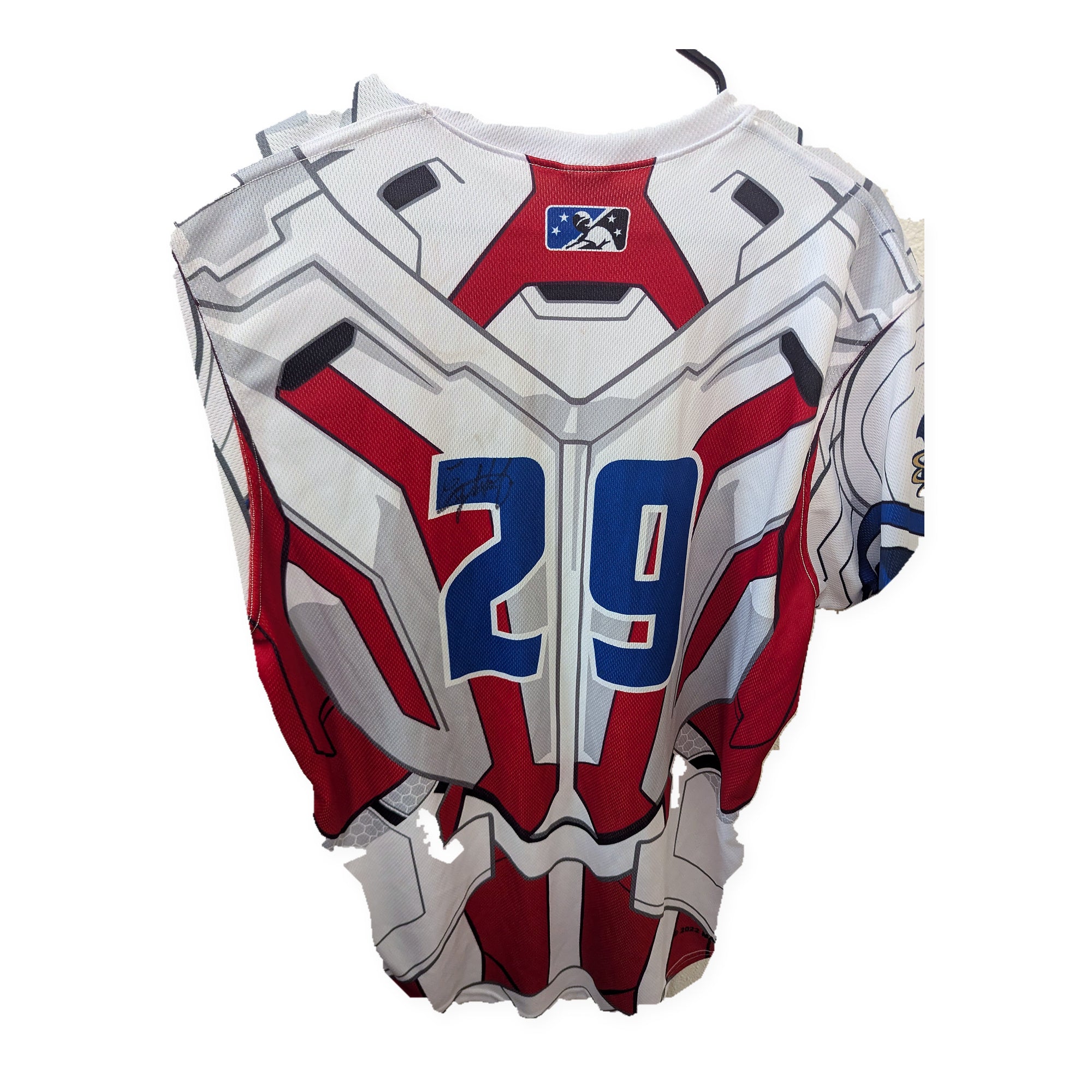 Back view of the Emilker Guzman game-worn Tri-City Dust Devils jersey showing number 29 and autograph