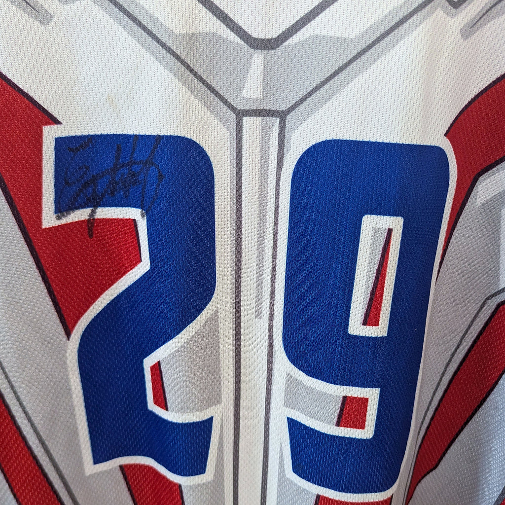 Detail view of back number 29 and autograph on the Emilker Guzman game-worn Dust Devils jersey