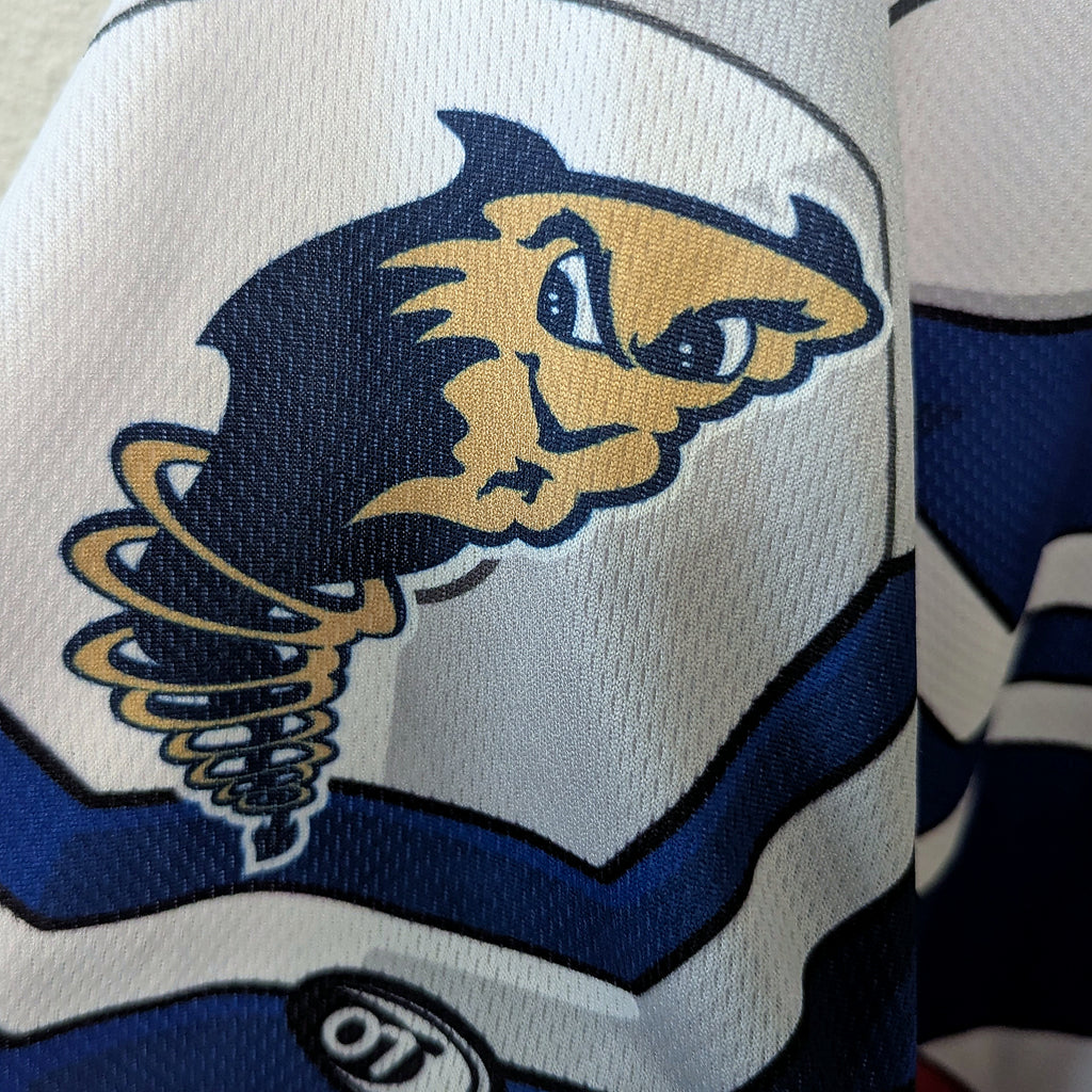 Close-up of the Tri-City Dust Devils sleeve logo on the Emilker Guzman game-worn jersey