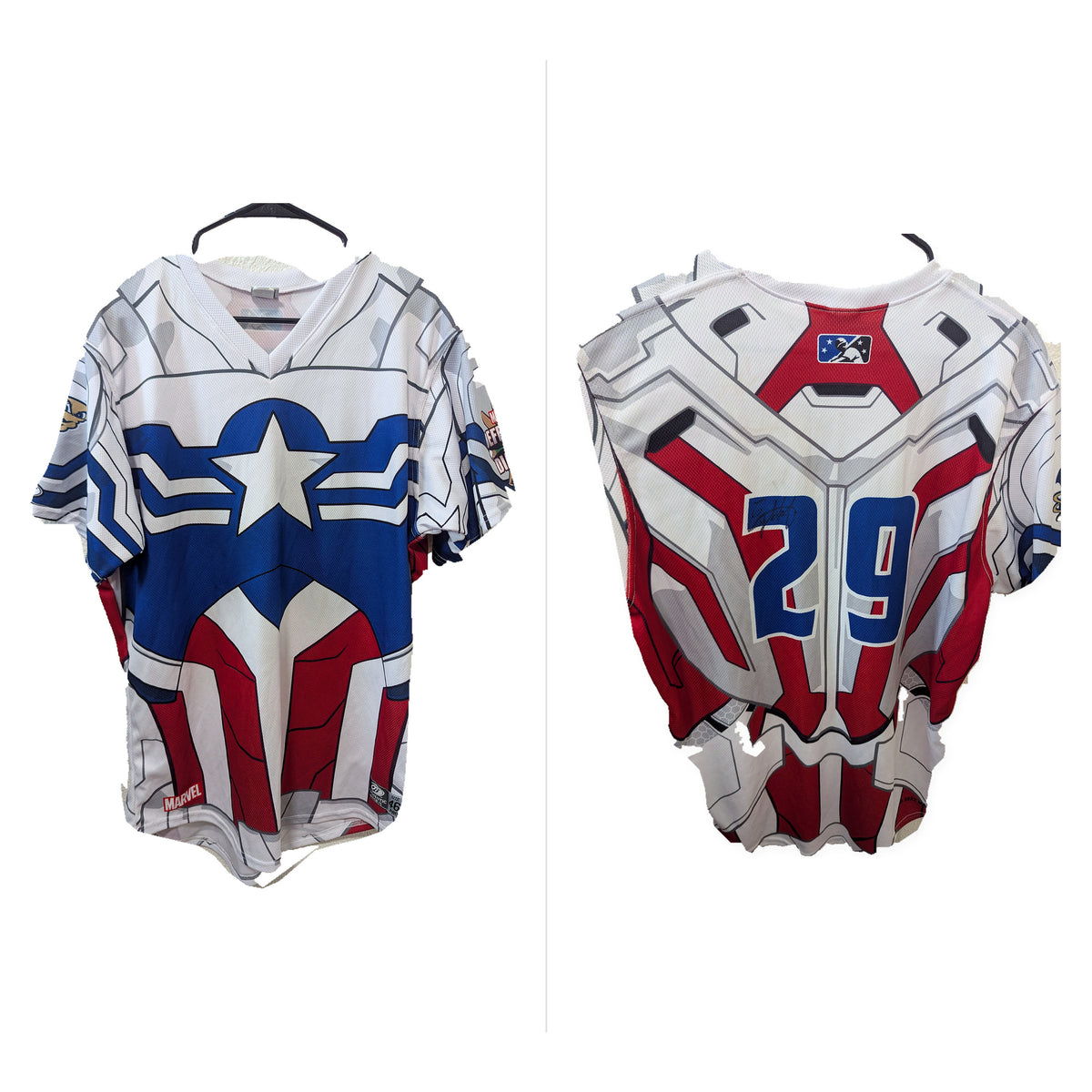 Front-and-back comparison of the Emilker Guzman signed game-worn Tri-City Dust Devils jersey